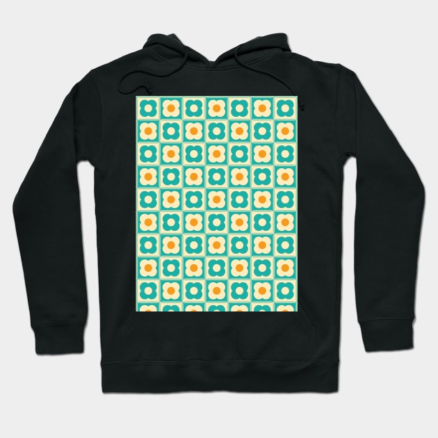 Retro Floral Checker Pattern Teal, Cream, Orange Hoodie by tramasdesign